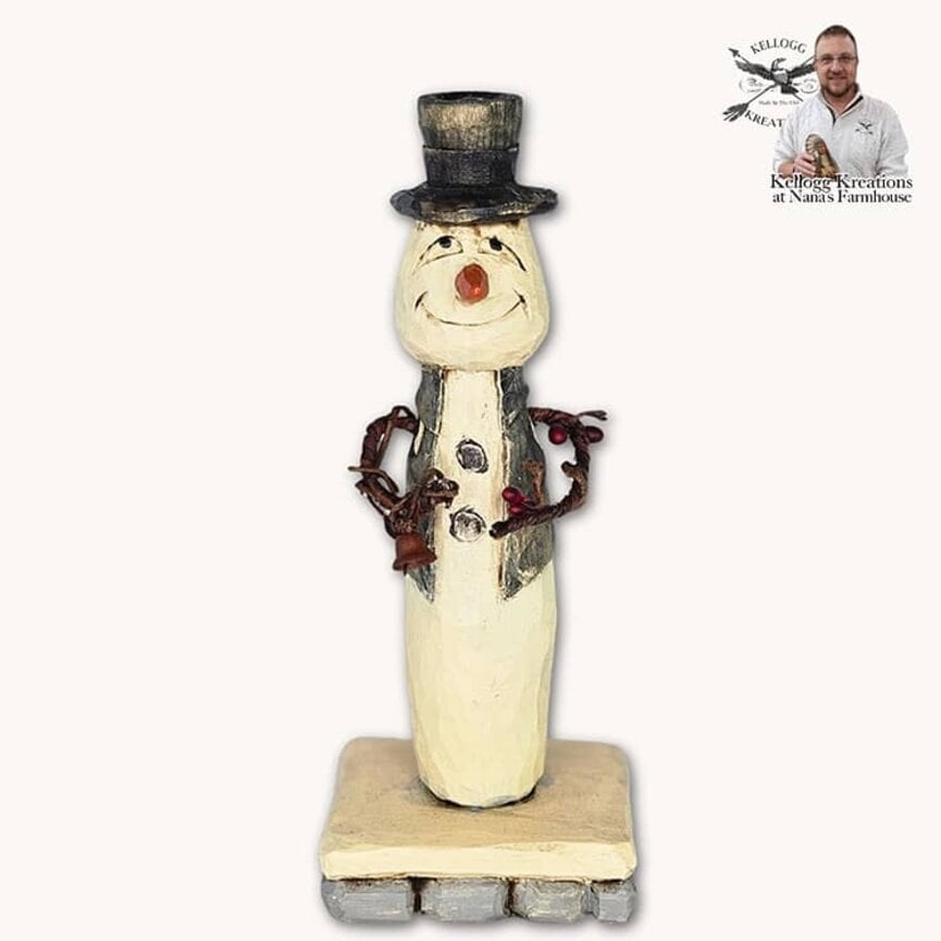 Hand Carved Snowman in Gray Vest with Rusty Bell - 6.75"
