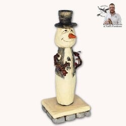 Hand Carved Snowman in Gray Vest with Rusty Bell - 6.75"