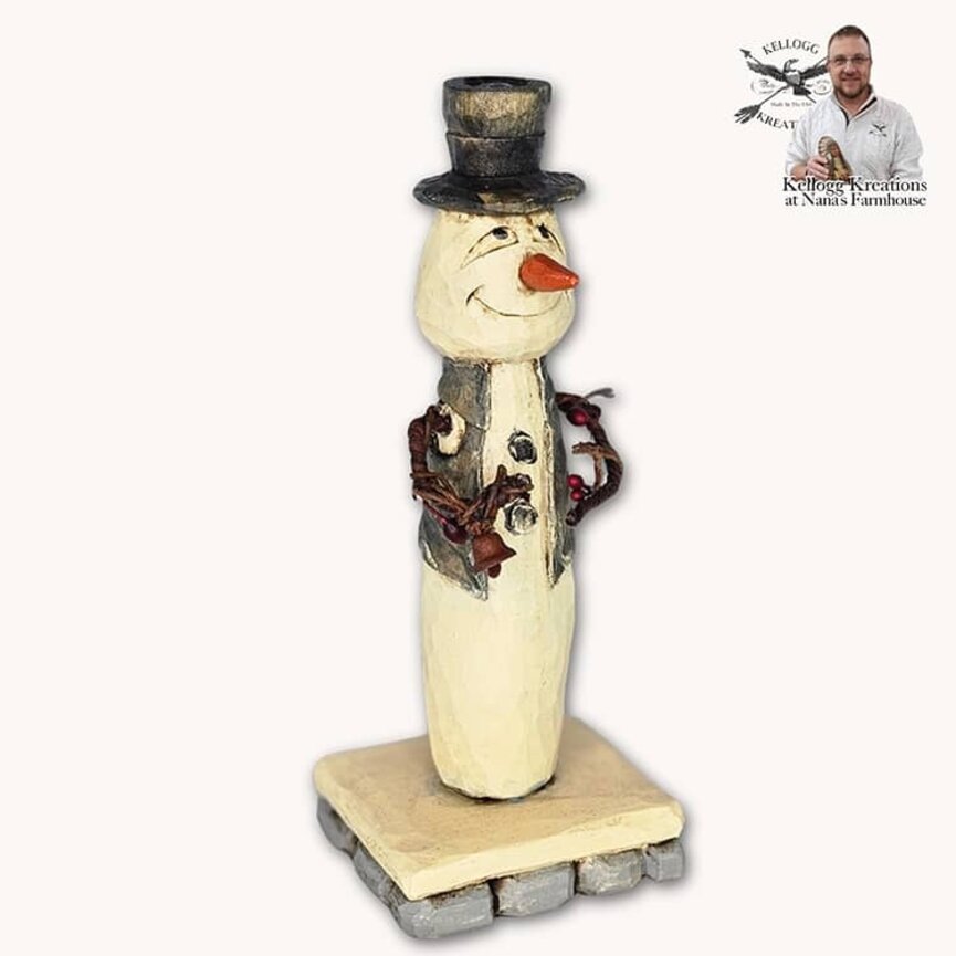 Hand Carved Snowman in Gray Vest with Rusty Bell - 6.75"