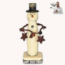 Hand Carved Snowman with Garland Of Stars & Bells - 6.75"