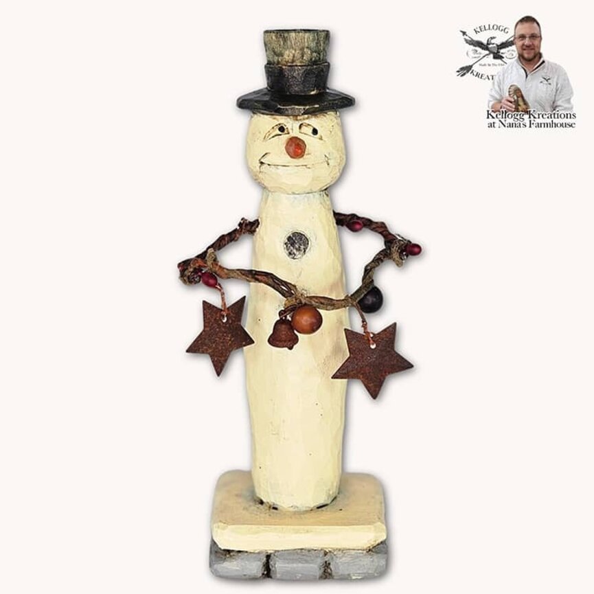 Hand Carved Snowman with Garland Of Stars & Bells - 6.75"