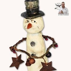 Hand Carved Snowman with Garland Of Stars & Bells - 6.75"