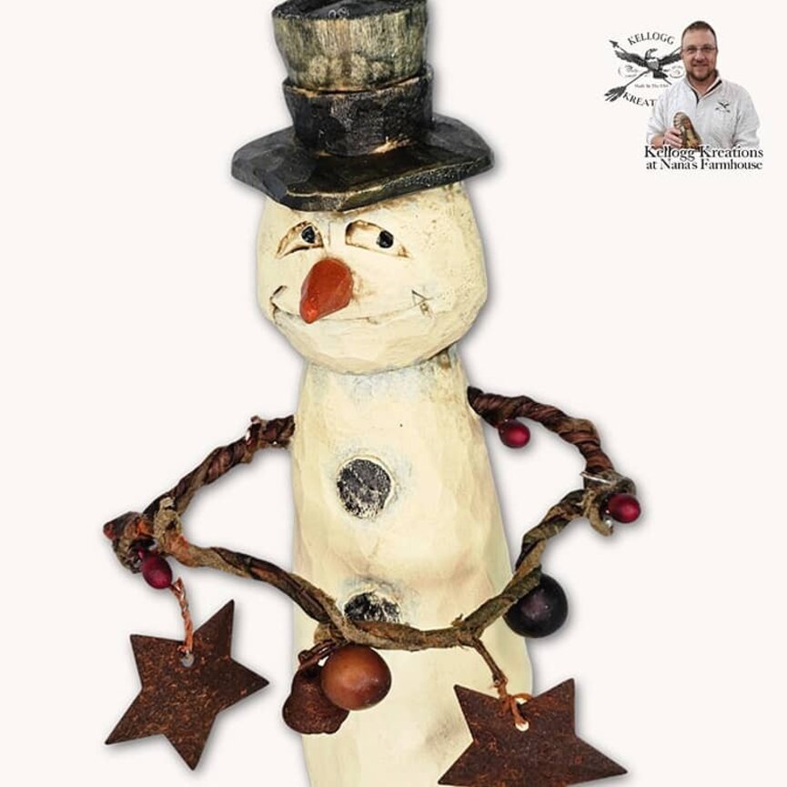 Hand Carved Snowman with Garland Of Stars & Bells - 6.75"