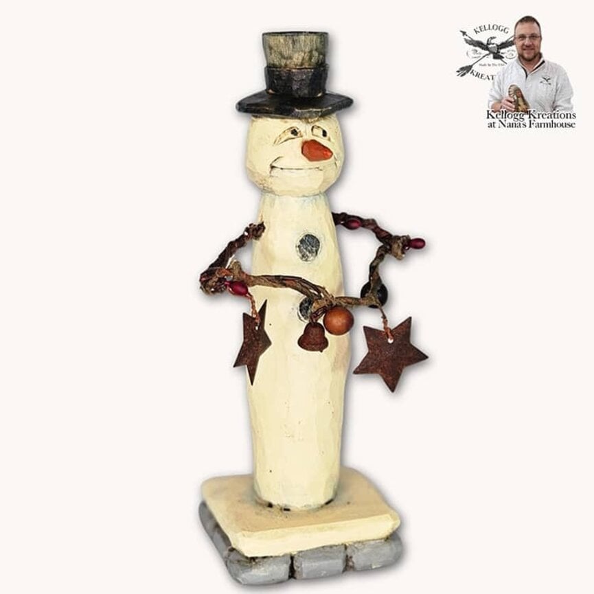 Hand Carved Snowman with Garland Of Stars & Bells - 6.75"