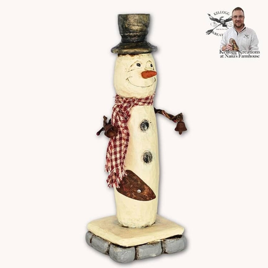 Hand Carved Snowman with Bells & Hearts - 6.75"