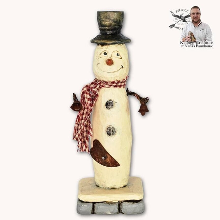 Hand Carved Snowman with Bells & Hearts - 6.75"
