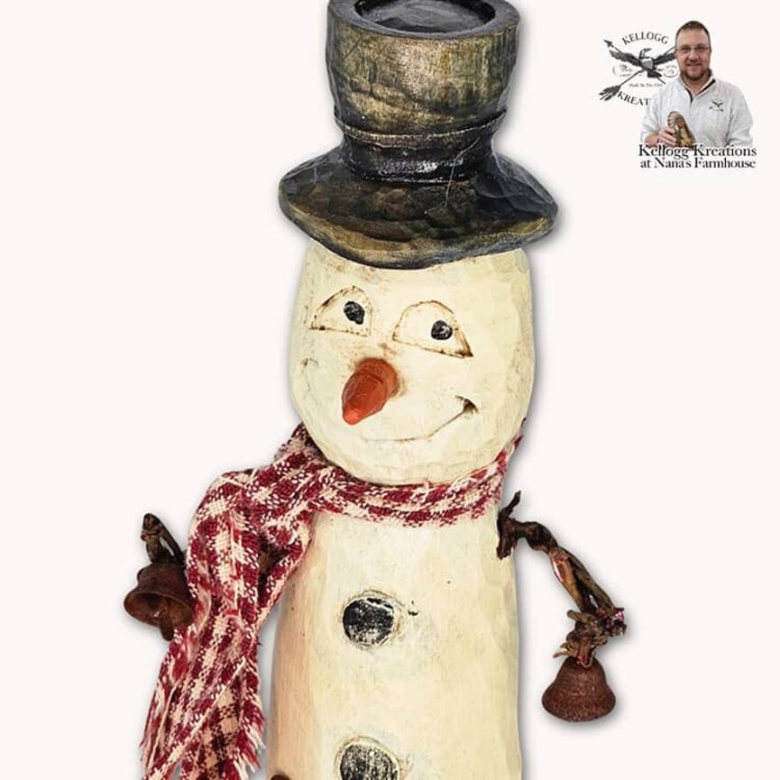 Hand Carved Snowman with Bells & Hearts - 6.75"