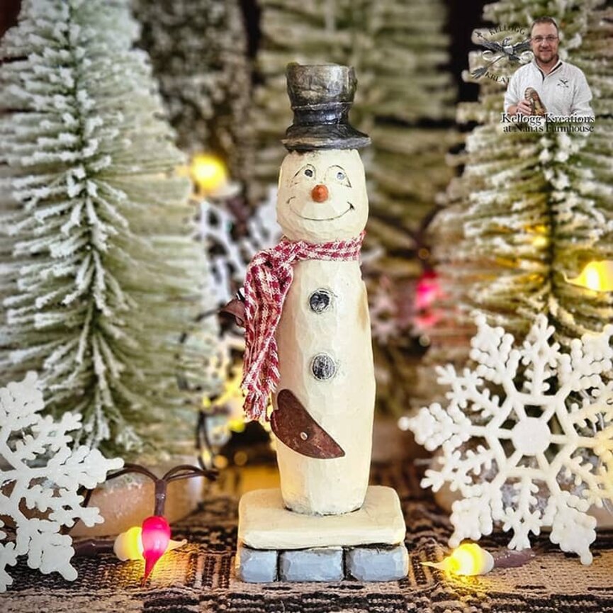Hand Carved Snowman with Bells & Hearts - 6.75"