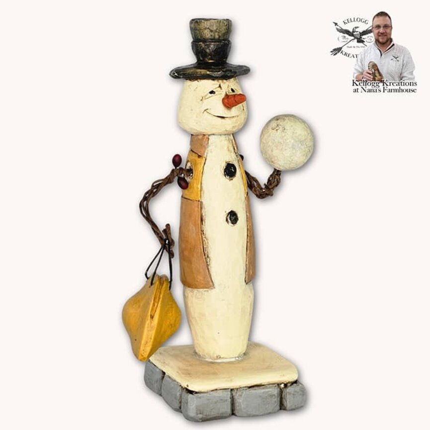 Hand Carved Bowling Snowman & Bowling Bag - 6.75"