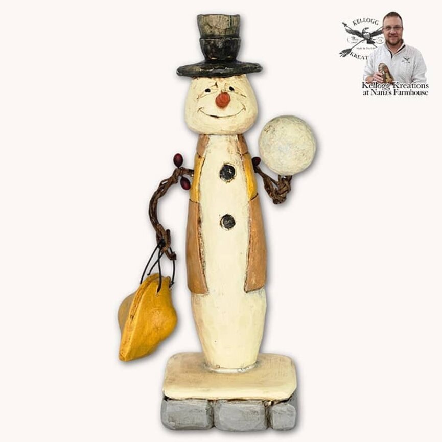 Hand Carved Bowling Snowman & Bowling Bag - 6.75"