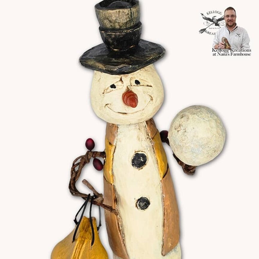 Hand Carved Bowling Snowman & Bowling Bag - 6.75"