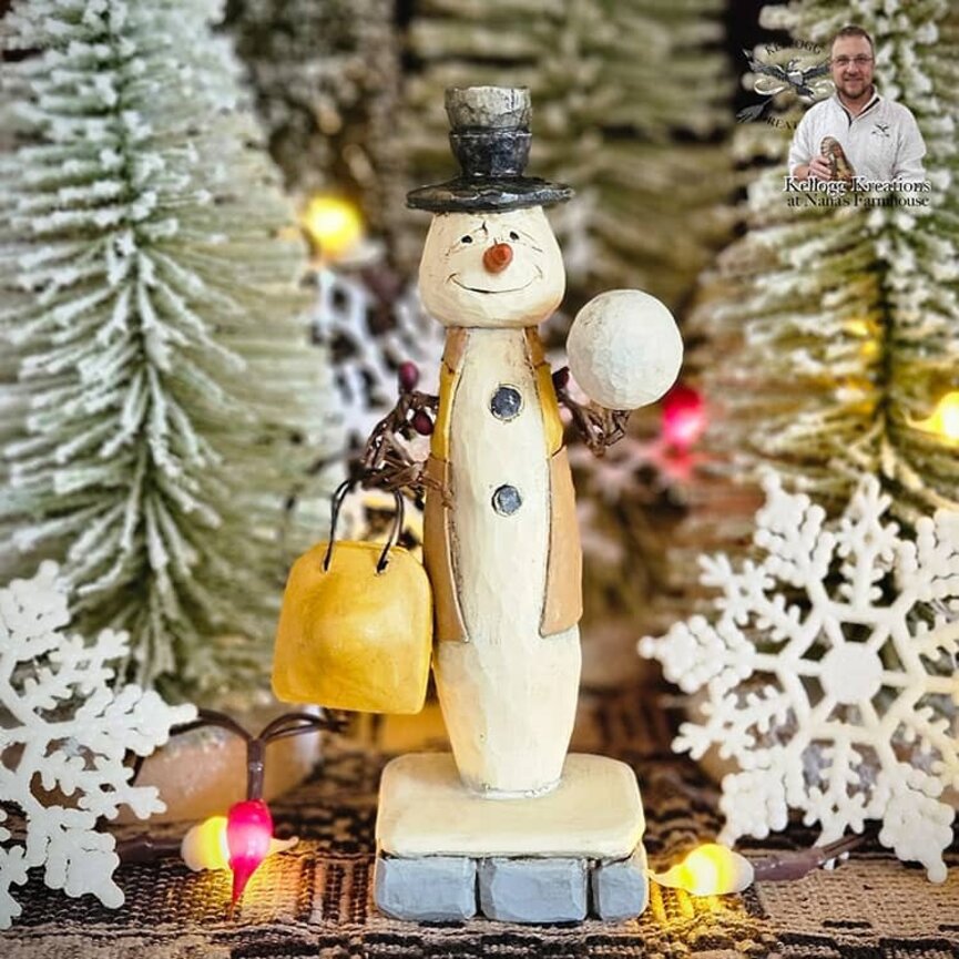 Hand Carved Bowling Snowman & Bowling Bag - 6.75"