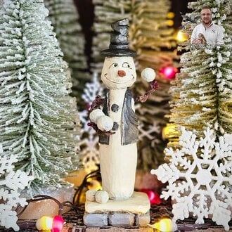 Snowball Fight Snowman Hand Carved