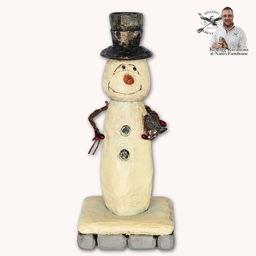Hand Carved Snowman Buttons & Black Bird - 6.5"