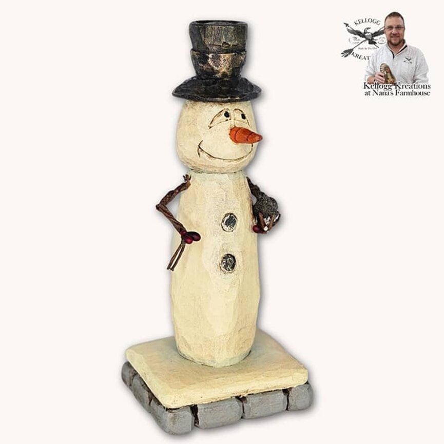 Hand Carved Snowman Buttons & Black Bird - 6.5"