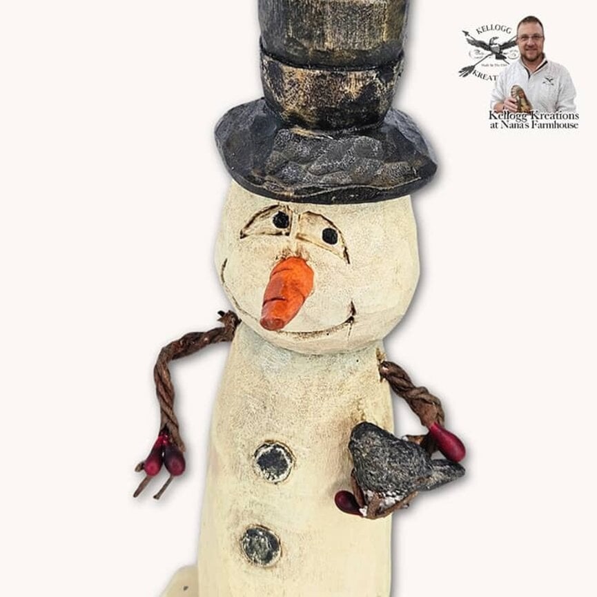Hand Carved Snowman Buttons & Black Bird - 6.5"