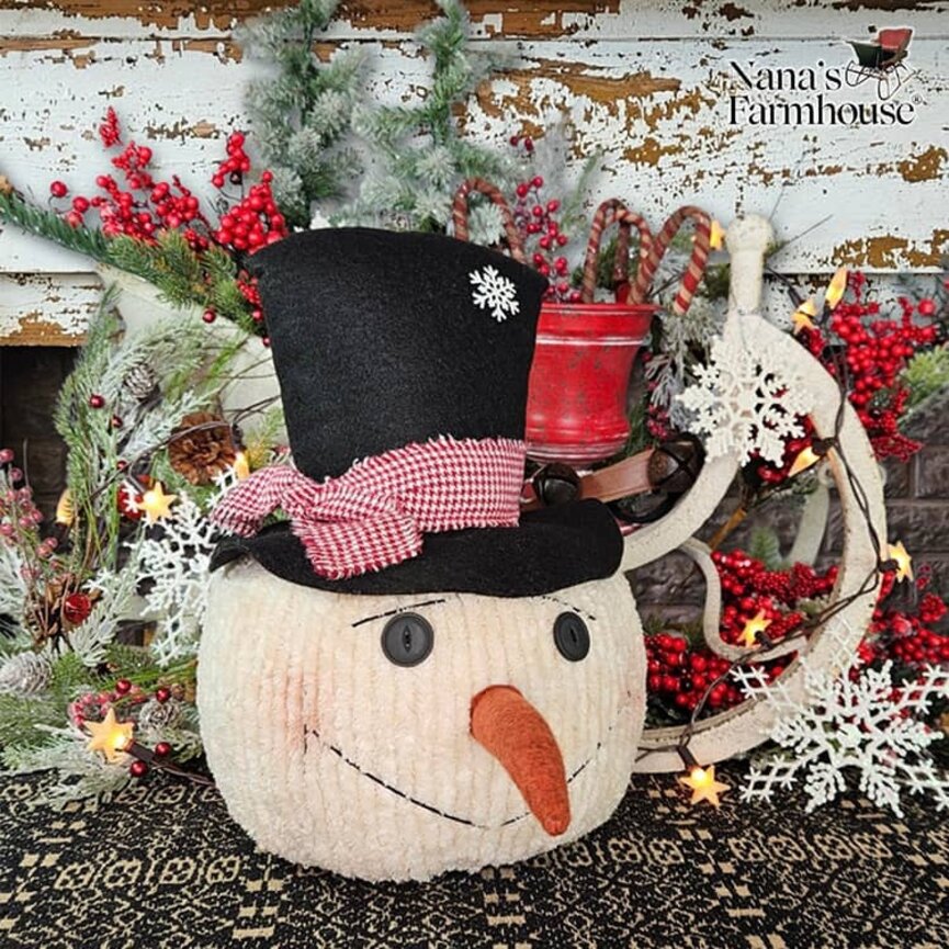 Chenille Big Joe Snowman Head Top Hat,Carrot Nose Red Mini Check Tie On Hat - 13" x 10"