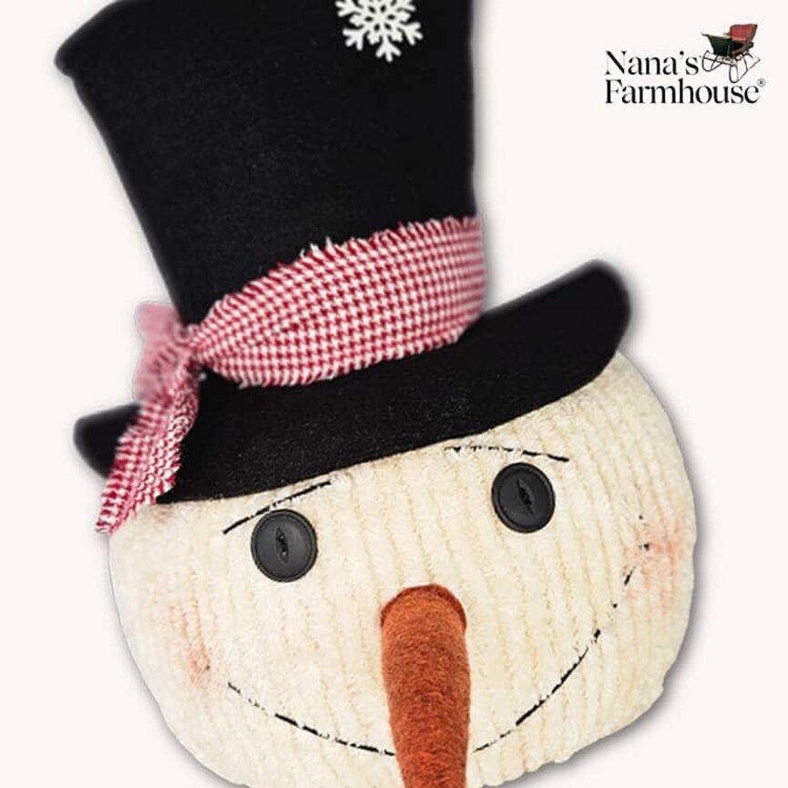 Chenille Big Joe Snowman Head Top Hat,Carrot Nose Red Mini Check Tie On Hat - 13" x 10"