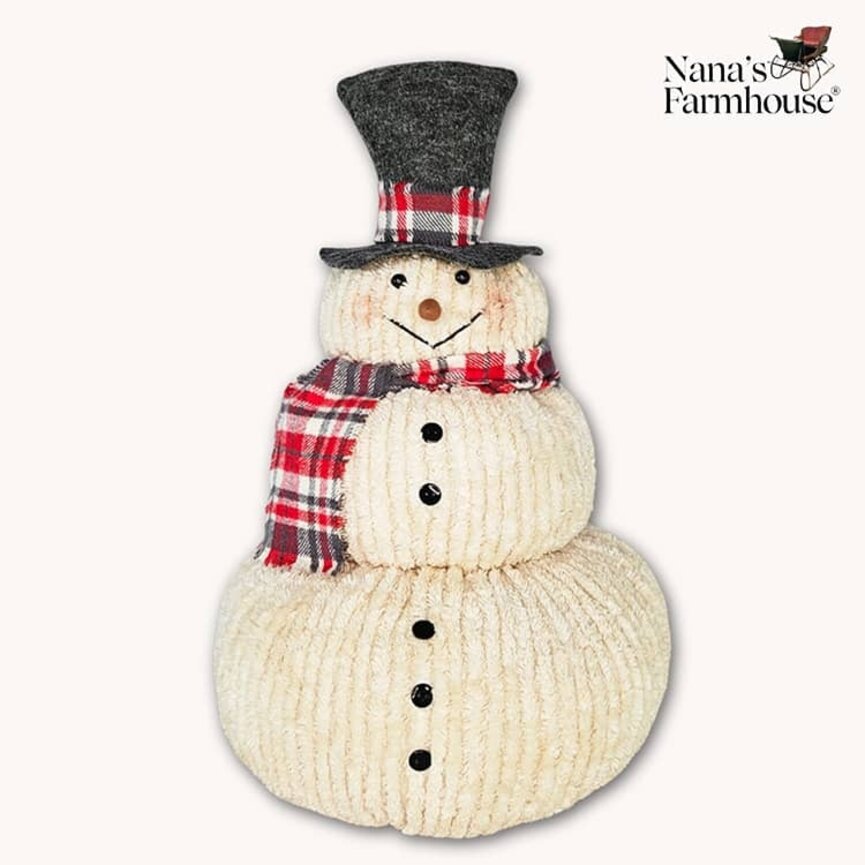 Chenille Stacked Snowman Grey Hat with Red,White,Gray Scarf - 15.5" X 10"