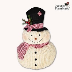Chenille Happy Two Stack Snowman Black Hat with Greenery & Red Houndstooth Scarf - 15" x 10"