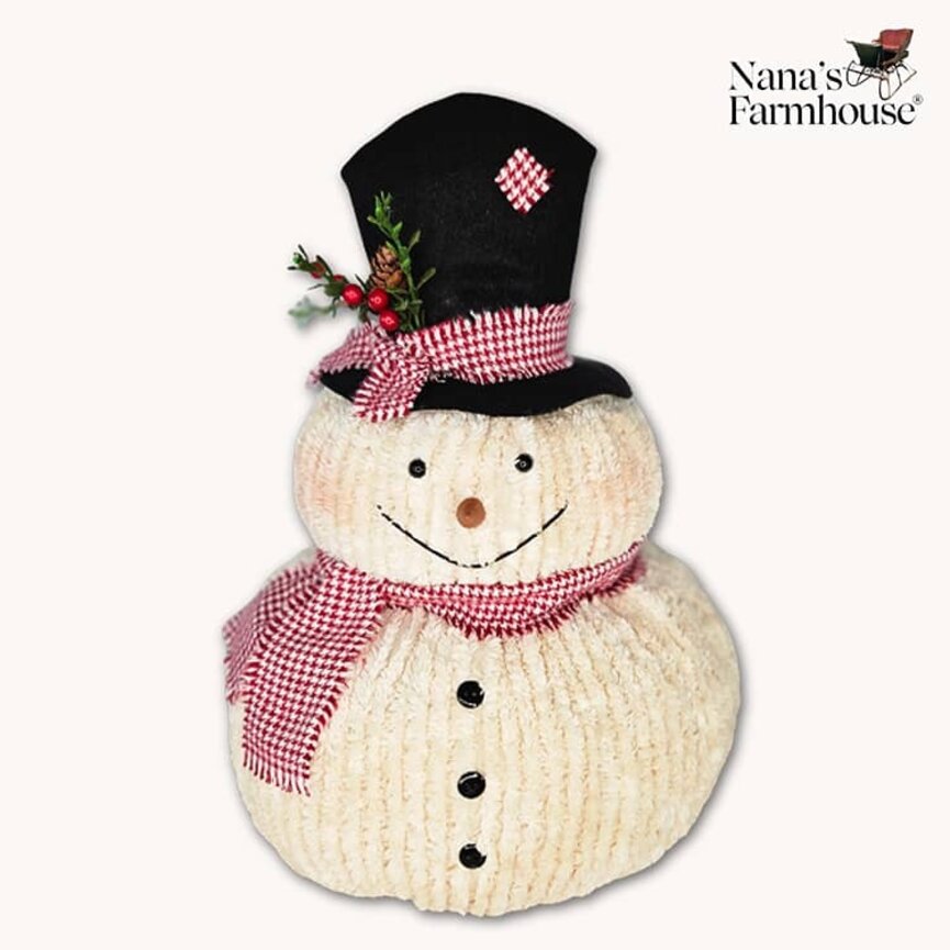 Chenille Happy Two Stack Snowman Black Hat with Greenery & Red Houndstooth Scarf - 15" x 10"