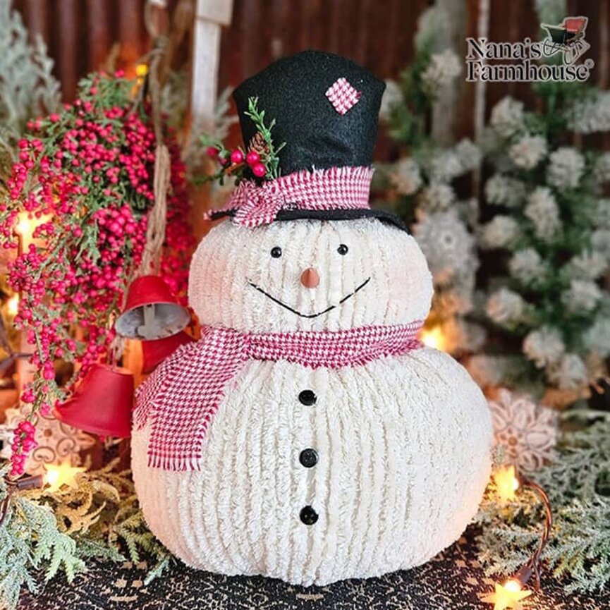 Chenille Happy Two Stack Snowman Black Hat with Greenery & Red Houndstooth Scarf - 15" x 10"