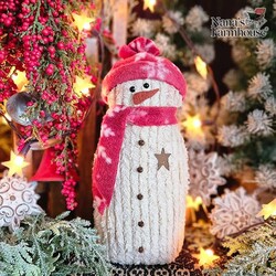 Chenille Snowman Weighted Bottom Red Snowflake Stocking Cap & Scarf - 11"
