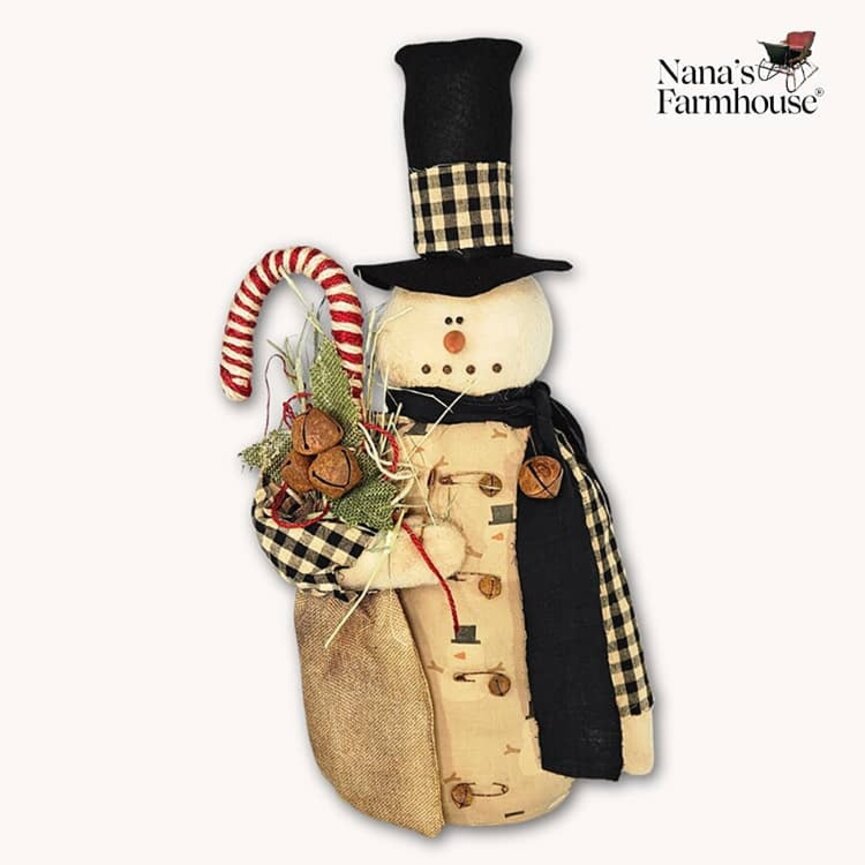 Pencil Snowman Black Scarf Candy Cane & Rusty Bells - 21.5" x 10"