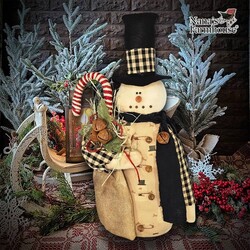Pencil Snowman Black Scarf Candy Cane & Rusty Bells - 21.5" x 10"