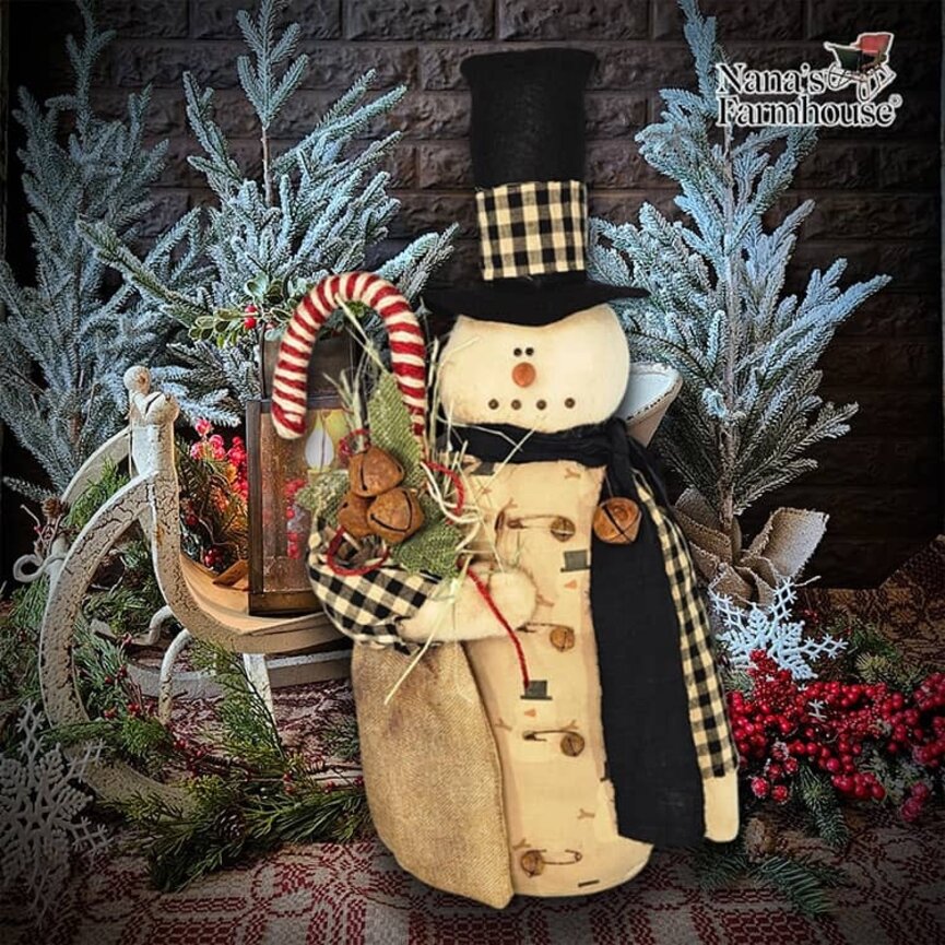 Pencil Snowman Black Scarf Candy Cane & Rusty Bells - 21.5" x 10"