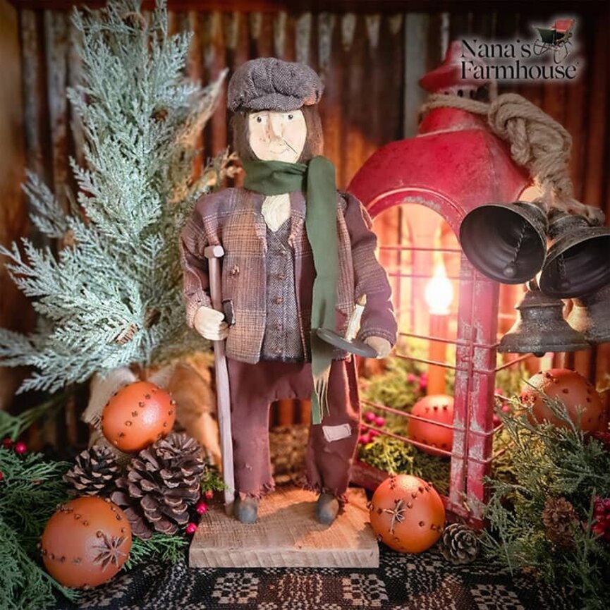 Tiny Tim Jacket Holding Wooden Candle & Crutch - 18"