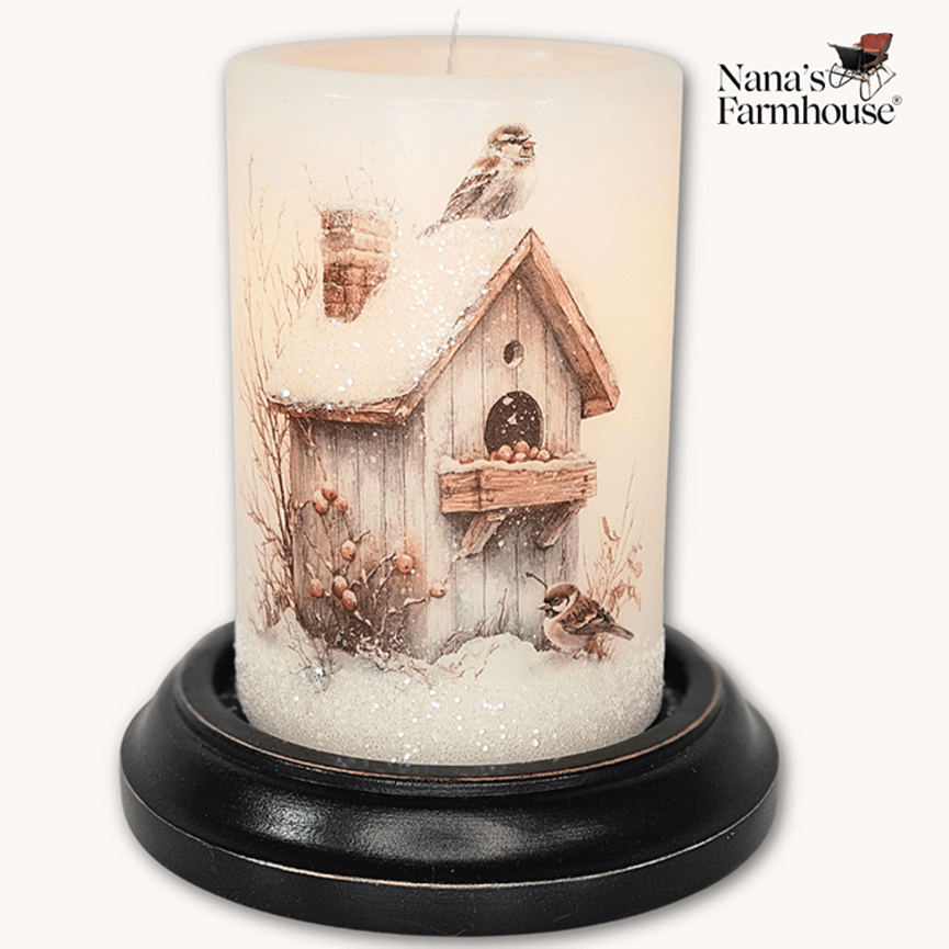 Rustic Winter Birdhouse Candle Sleeve Vanilla