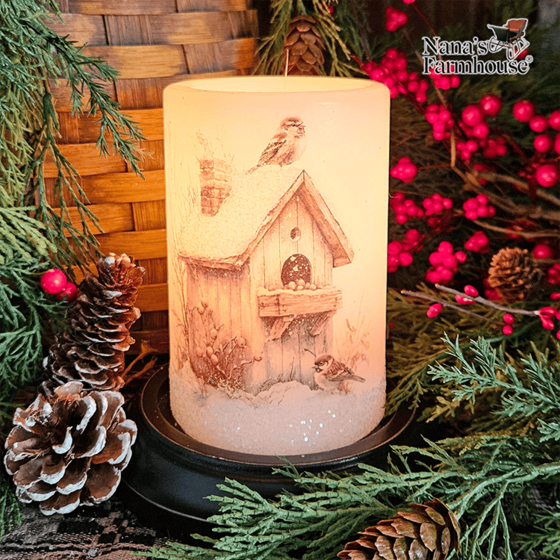 Rustic Winter Birdhouse Candle Sleeve - Vanilla