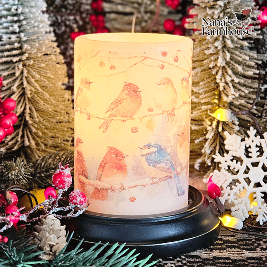 Snowy Bird Gathering Candle Sleeve Vanilla