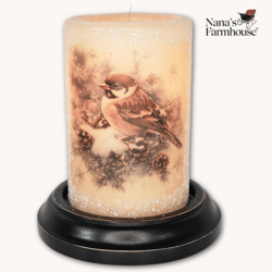 Winter Pine Sparrow Candle Sleeve Antique Vanilla