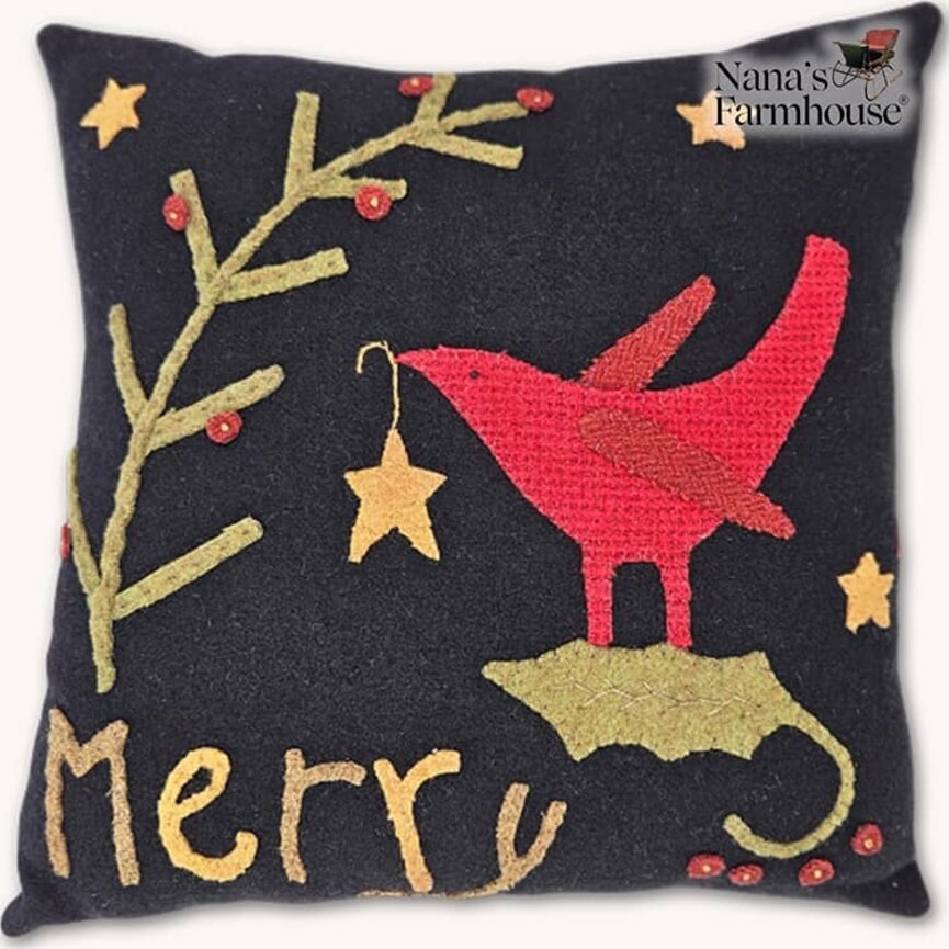 Merry with Cardinal Wool Applique Pillow - 12"