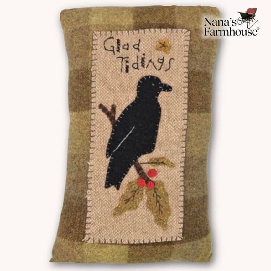 Glad Tidings with Wool Crow Applique Pillow - 12" x 8"