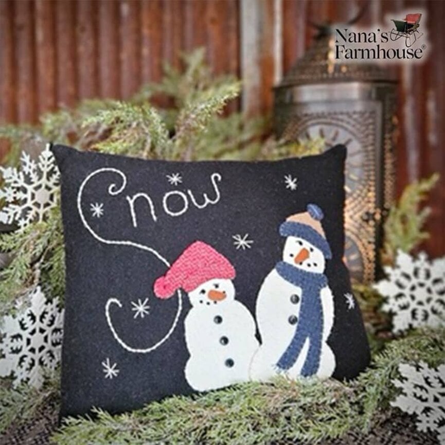 Snow with Wool Applique Snowmen Pillow - 11" x 9.5"