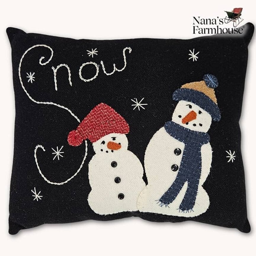 Snow with Wool Applique Snowmen Pillow - 11" x 9.5"