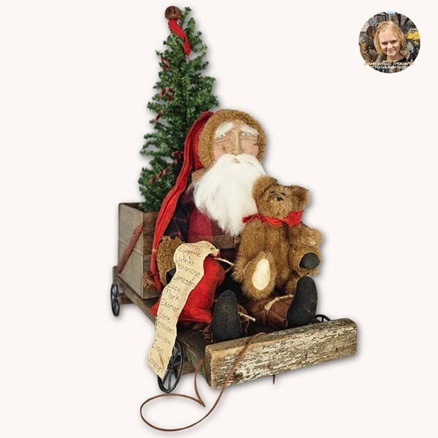 Santa On Cart with List and Teddy Bear - 18" x 9.5" x 15"