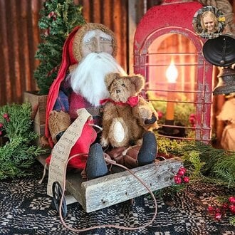 Santa On Pull Cart with Teddy Bear