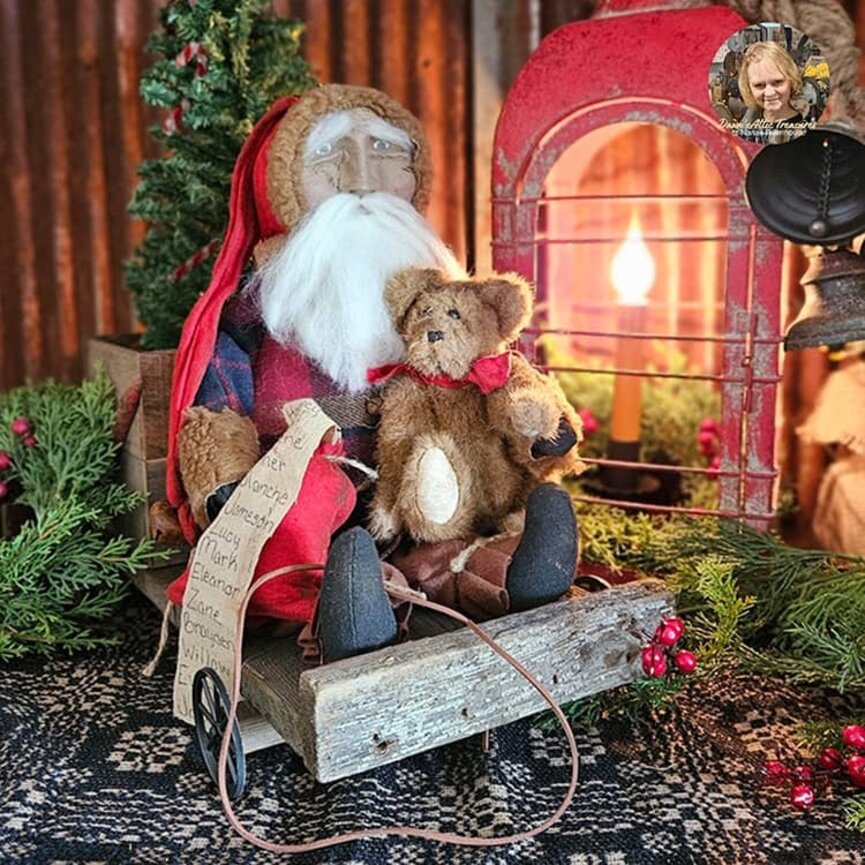 Santa On Cart with List and Teddy Bear - 18" x 9.5" x 15"