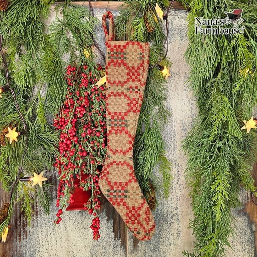 Christmas Coverlet Stocking Patriots Knot Cranberry Tan Green - 14"