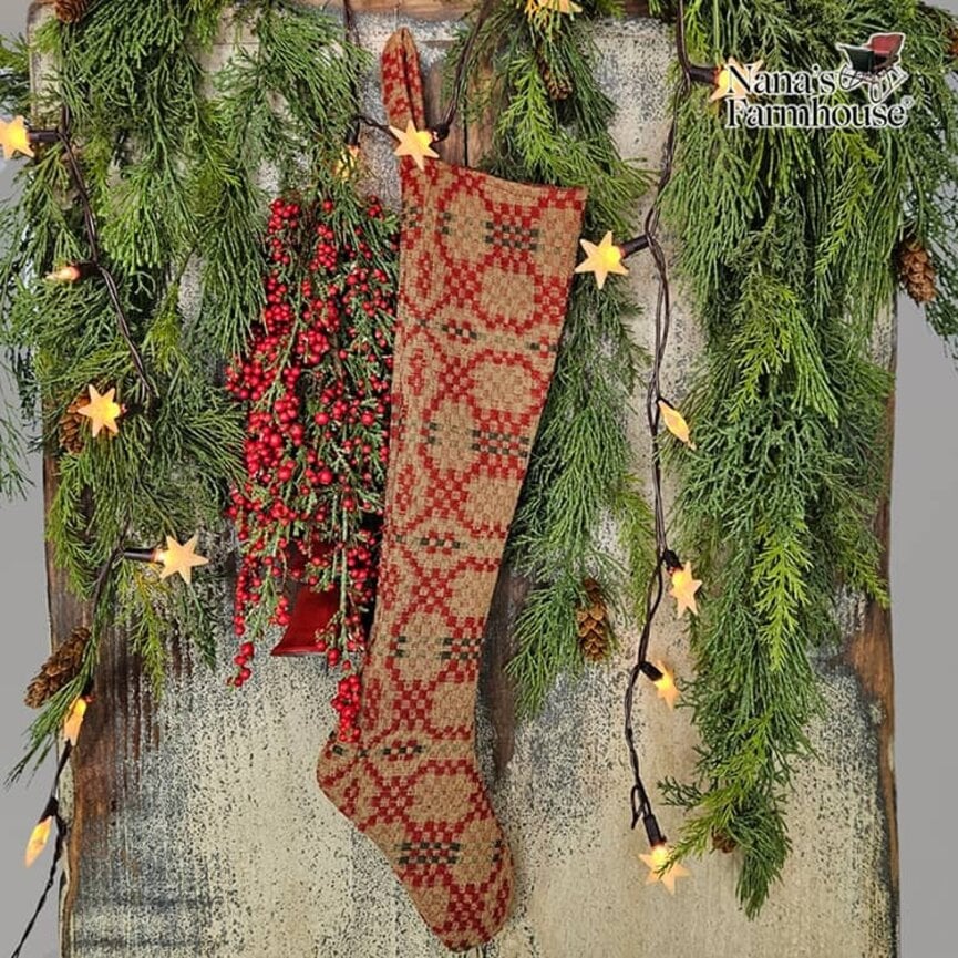Christmas Coverlet Stocking Patriots Knot Cranberry Tan Green - 20"