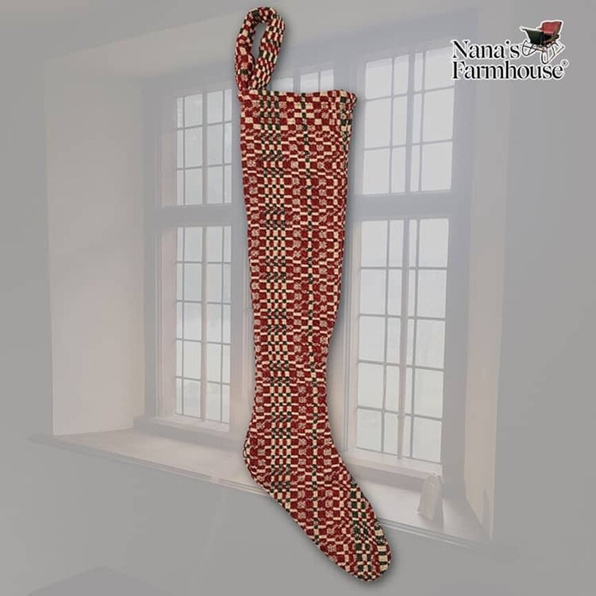 Christmas Coverlet Stocking Red Green Linen - 14"
