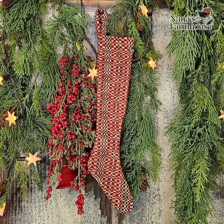 Christmas Coverlet Stocking Red Green Linen - Small