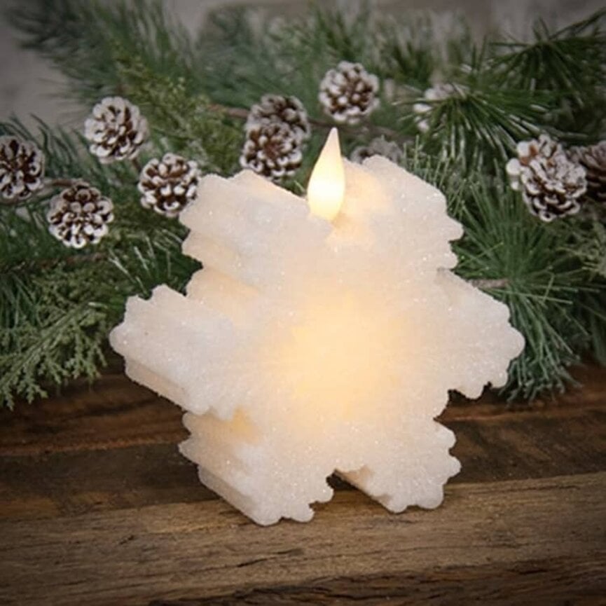 White Wax Glitter Snowflake LED Timer Candle - 4" x 2"