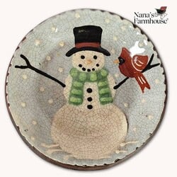 Smith Redware Snowman with Top Hat & Cardinal Round Plate - 5"