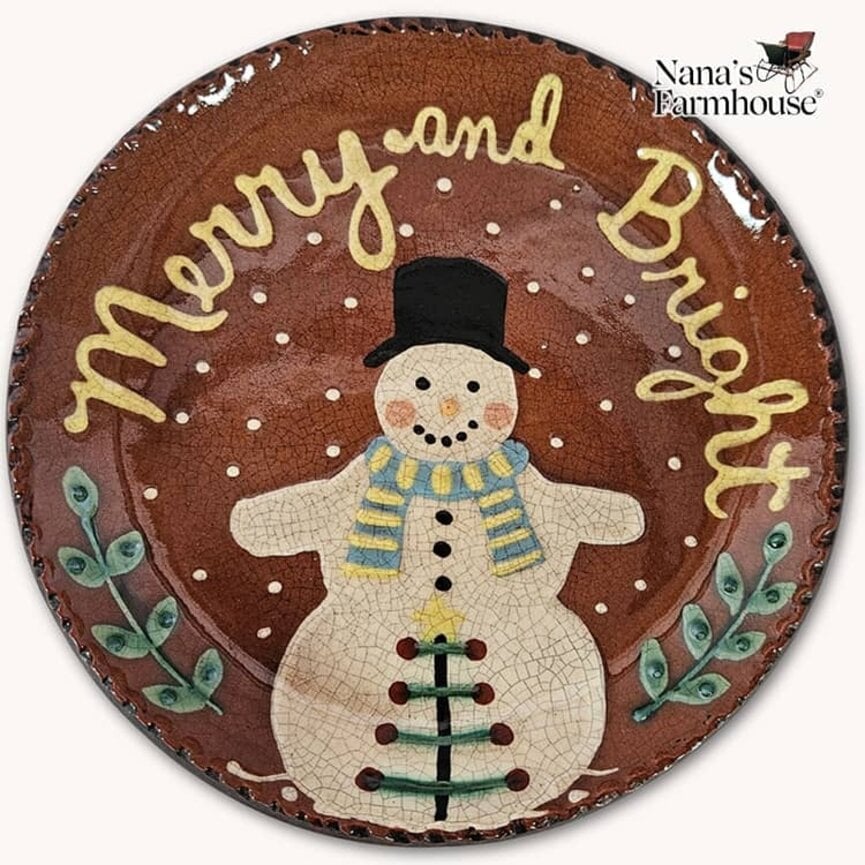 Smith Redware Merry & Bright Snowman Top Hat Round Plate - 8"