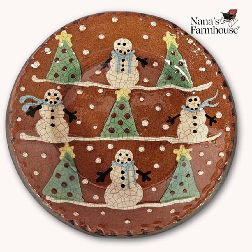 Smith Redware Snowman with Trees Round Plate - 5"